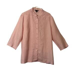Anne Carson Top Size 1X Pink 100% Linen Button Up Front Sequins Side Slits